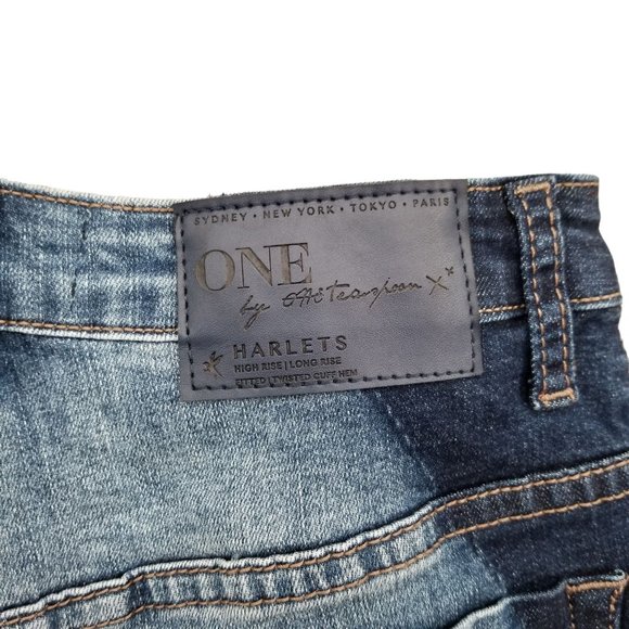 ONE x One Teaspoon Denim Shorts Womens Harlets High Rise Twisted Cuff Hem Sz 24 - Picture 3 of 13